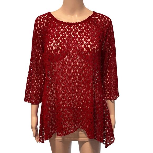 CHICO'S Women's‎ open knit crocheted 3/4 sleeve asymmetrical hem top, Size 1 (M, - Picture 1 of 6